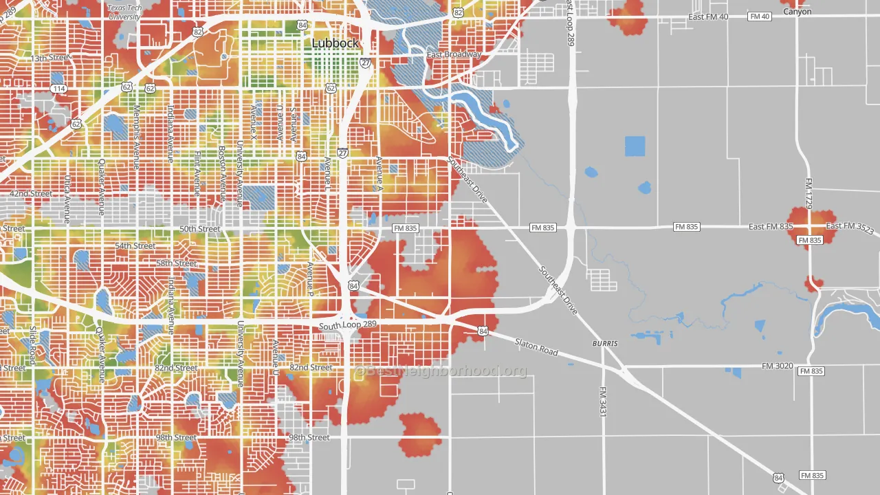 Walk Grade map of 79404, TX, walkable areas in green and car-dependent areas in red