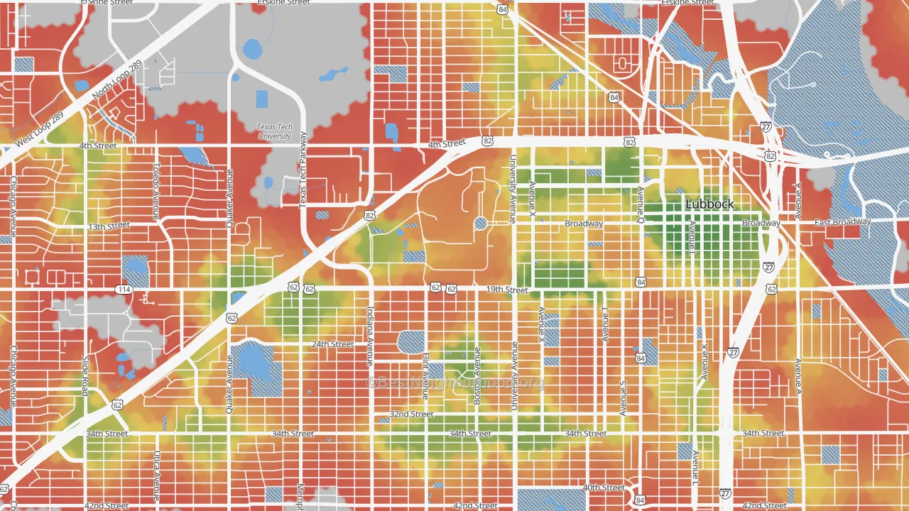 Walk Grade map of 79406, TX, walkable areas in green and car-dependent areas in red