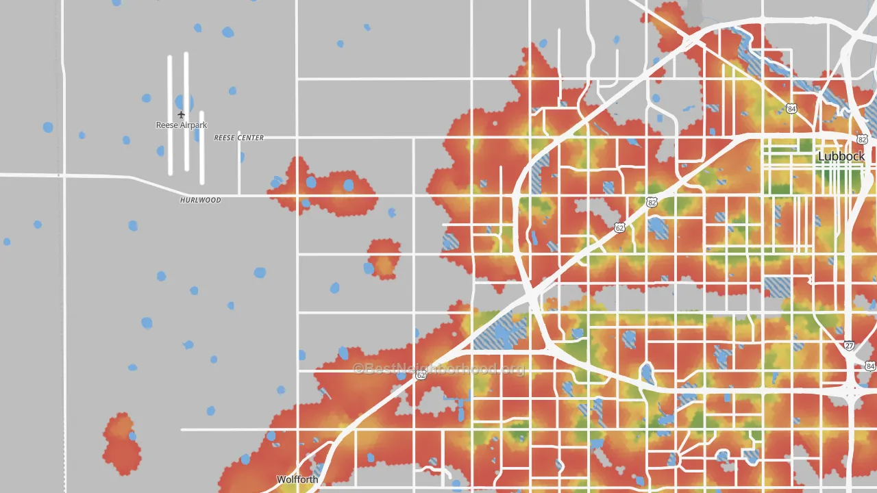 Walk Grade map of 79407, TX, walkable areas in green and car-dependent areas in red