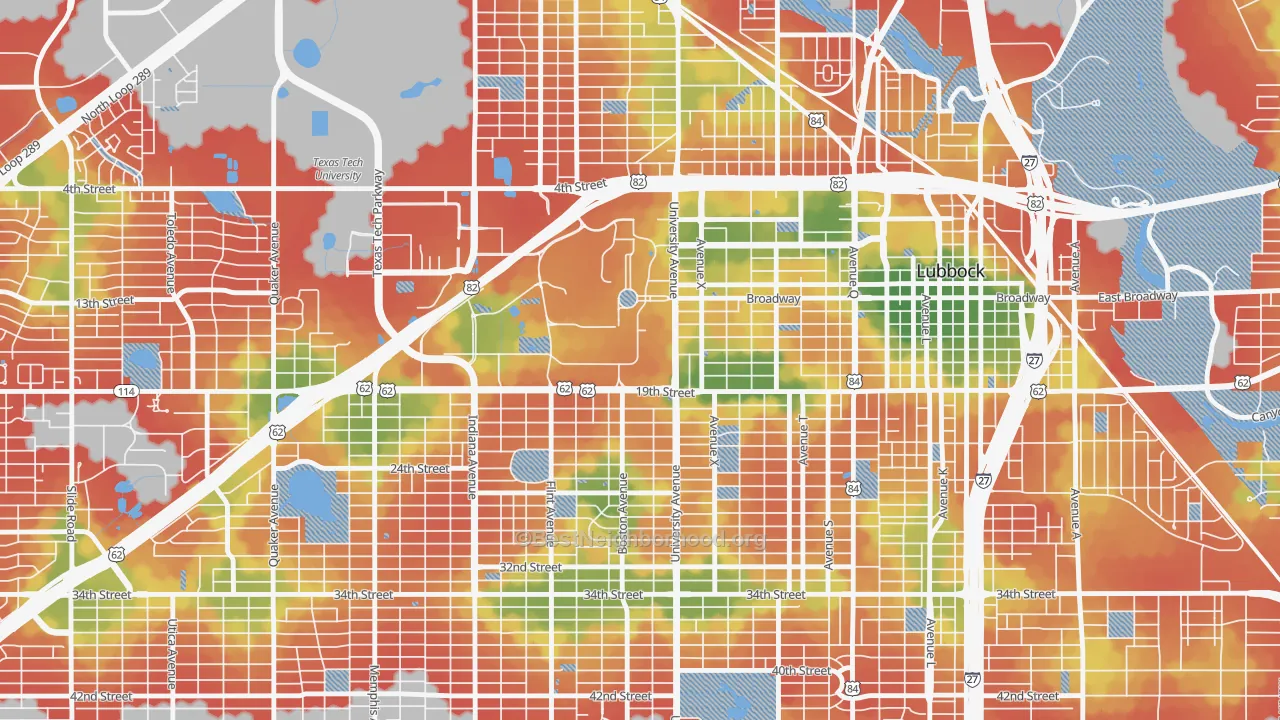Walk Grade map of 79409, TX, walkable areas in green and car-dependent areas in red