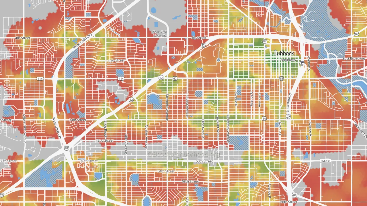 Walk Grade map of 79410, TX, walkable areas in green and car-dependent areas in red
