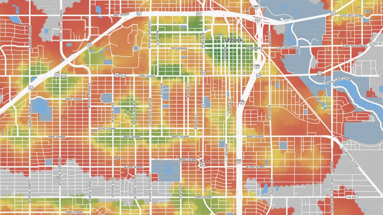 Walk Grade map of 79411, TX, walkable areas in green and car-dependent areas in red