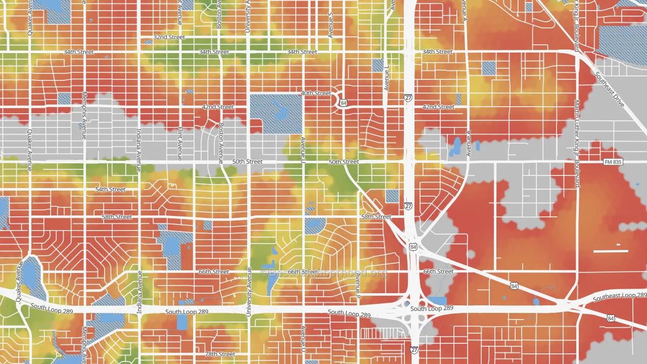 Walk Grade map of 79412, TX, walkable areas in green and car-dependent areas in red
