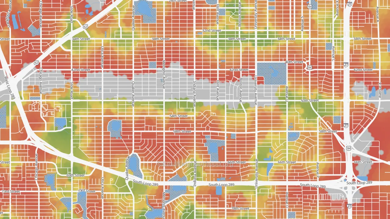 Walk Grade map of 79413, TX, walkable areas in green and car-dependent areas in red