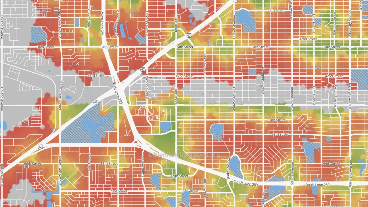 Walk Grade map of 79414, TX, walkable areas in green and car-dependent areas in red