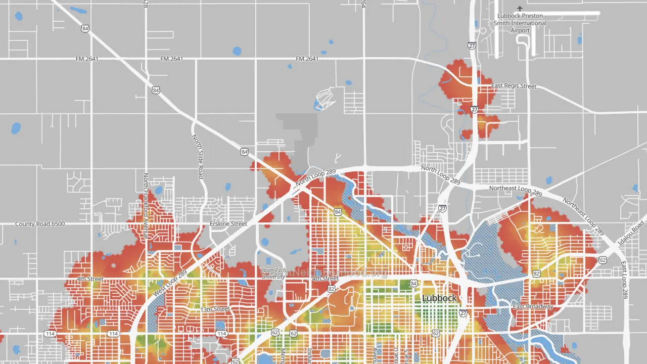Walk Grade map of 79415, TX, walkable areas in green and car-dependent areas in red