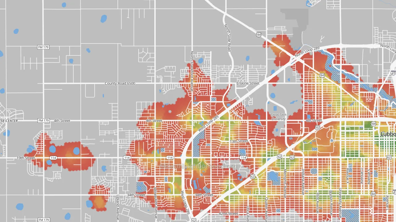 Walk Grade map of 79416, TX, walkable areas in green and car-dependent areas in red