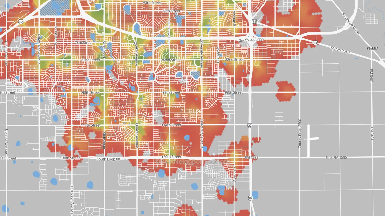 Walk Grade map of 79423, TX, walkable areas in green and car-dependent areas in red