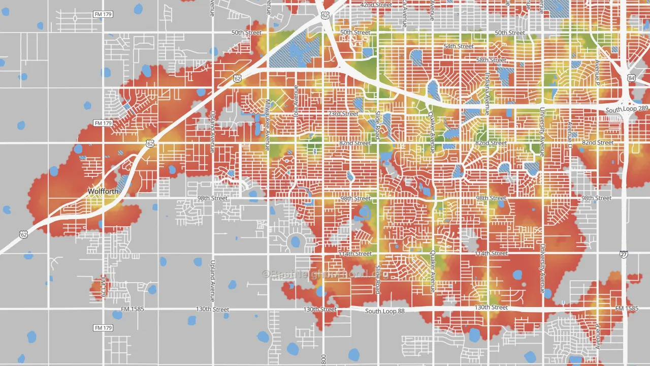 Walk Grade map of 79424, TX, walkable areas in green and car-dependent areas in red