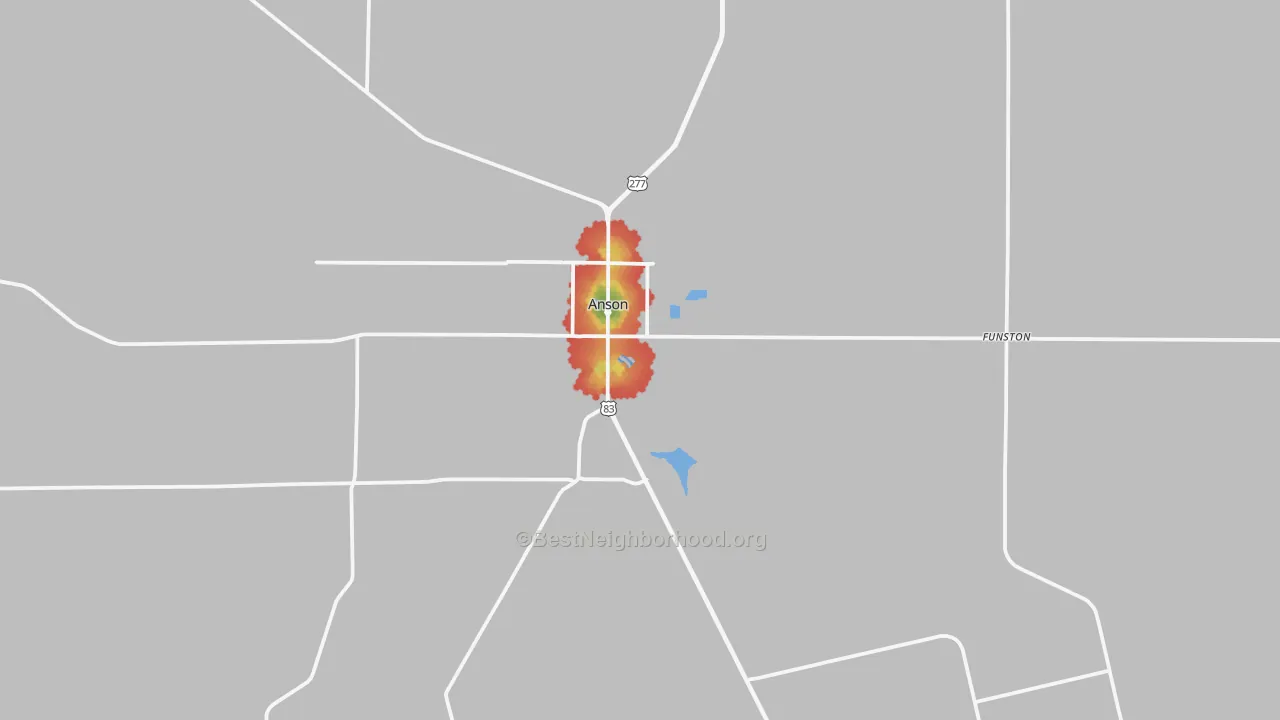 Walk Grade map of 79501, TX, walkable areas in green and car-dependent areas in red
