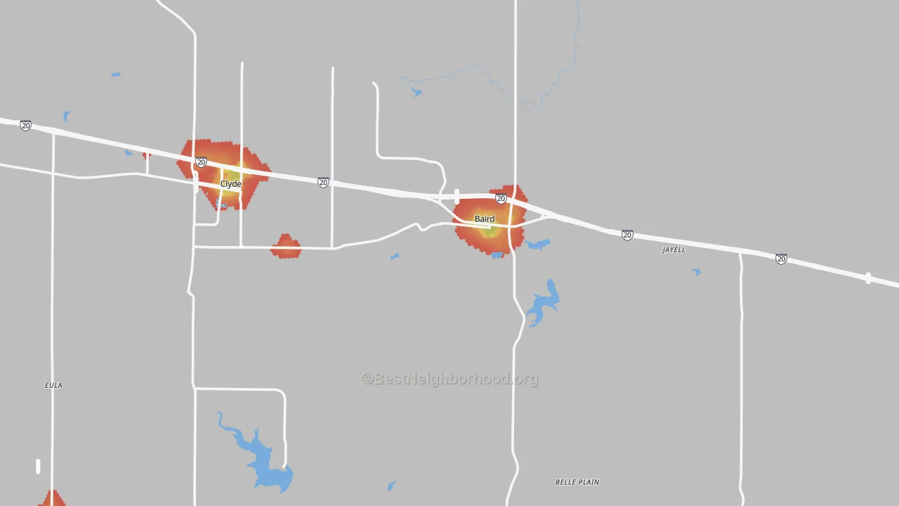 Walk Grade map of 79504, TX, walkable areas in green and car-dependent areas in red