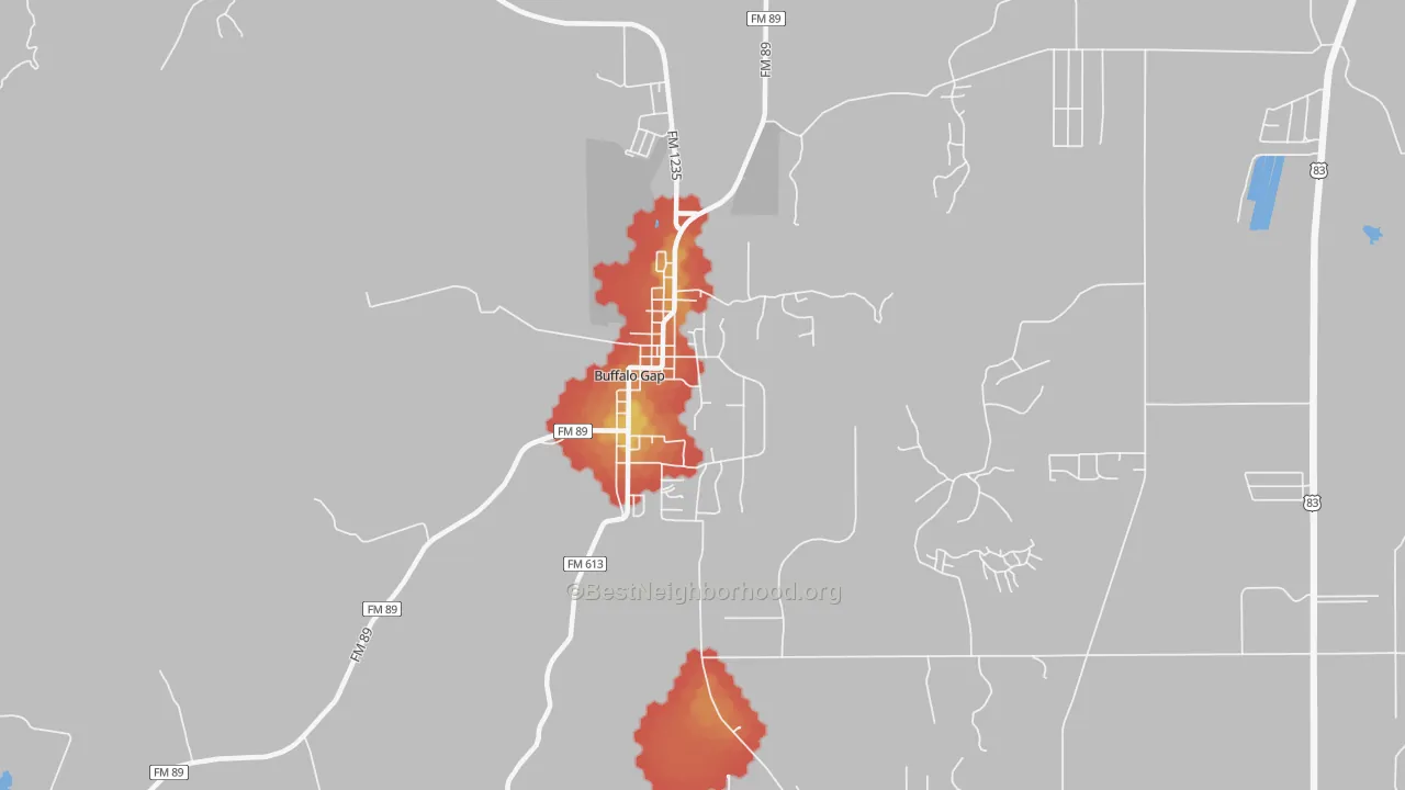 Walk Grade map of 79508, TX, walkable areas in green and car-dependent areas in red