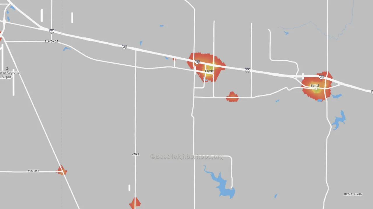 Walk Grade map of 79510, TX, walkable areas in green and car-dependent areas in red