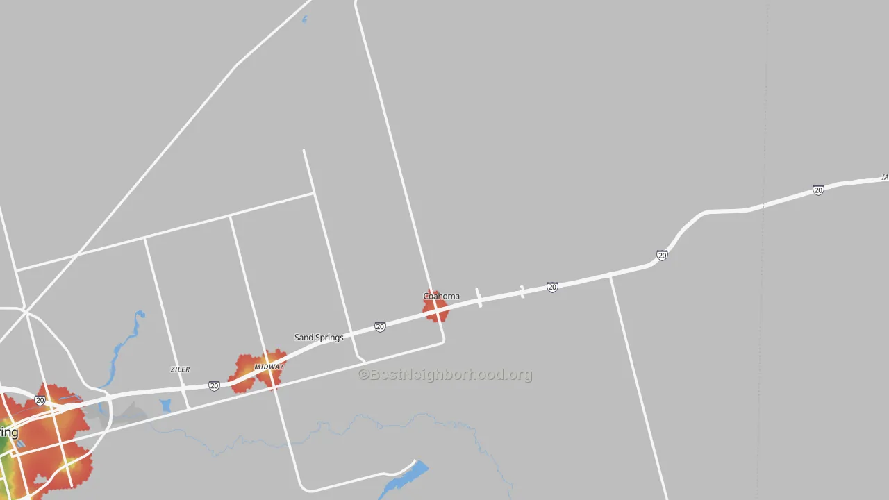 Walk Grade map of 79511, TX, walkable areas in green and car-dependent areas in red