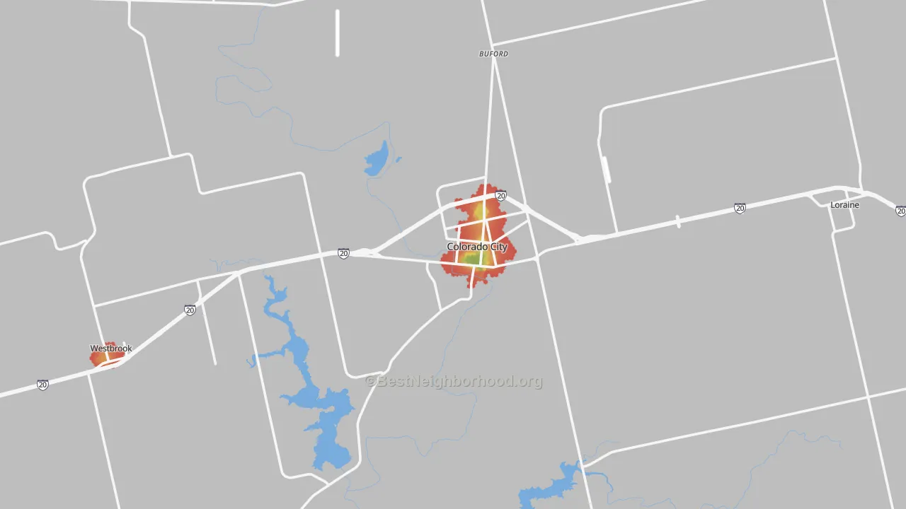Walk Grade map of 79512, TX, walkable areas in green and car-dependent areas in red