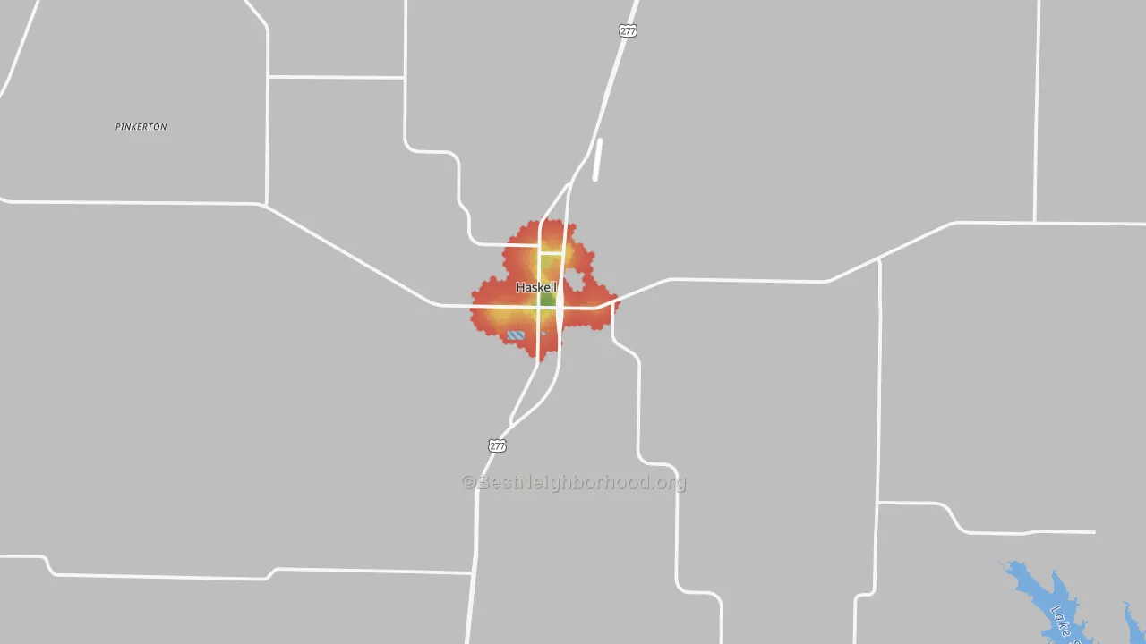 Walk Grade map of 79521, TX, walkable areas in green and car-dependent areas in red