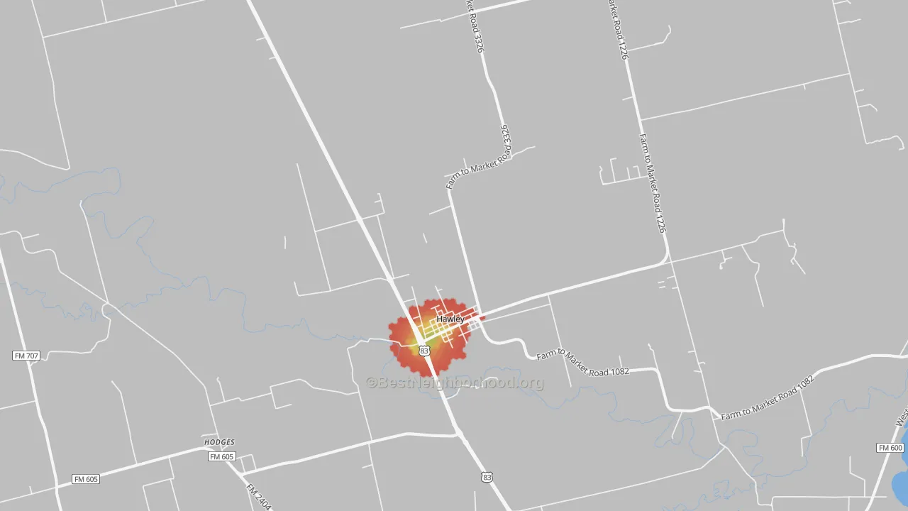 Walk Grade map of 79525, TX, walkable areas in green and car-dependent areas in red