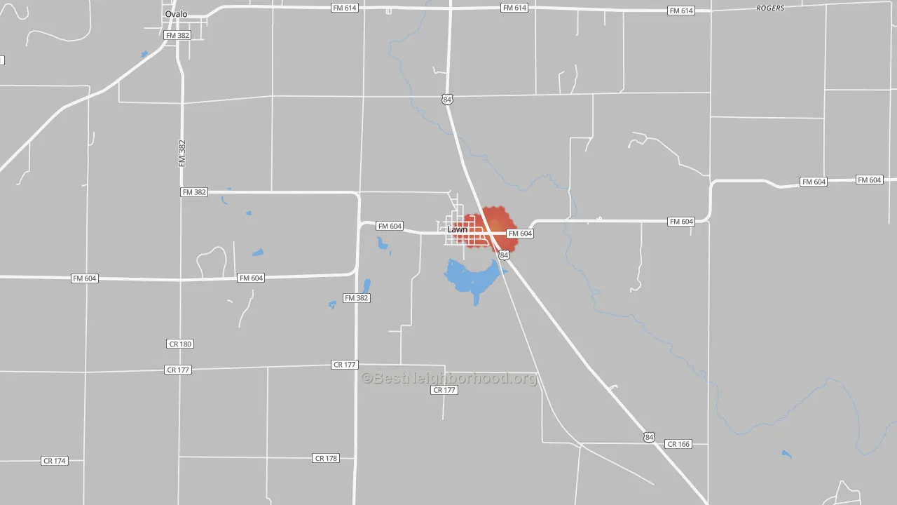 Walk Grade map of 79530, TX, walkable areas in green and car-dependent areas in red