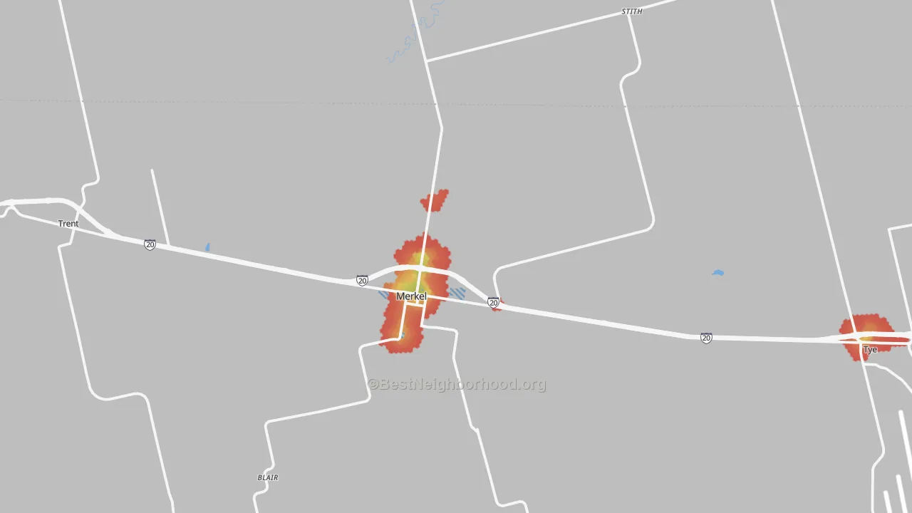 Walk Grade map of 79536, TX, walkable areas in green and car-dependent areas in red