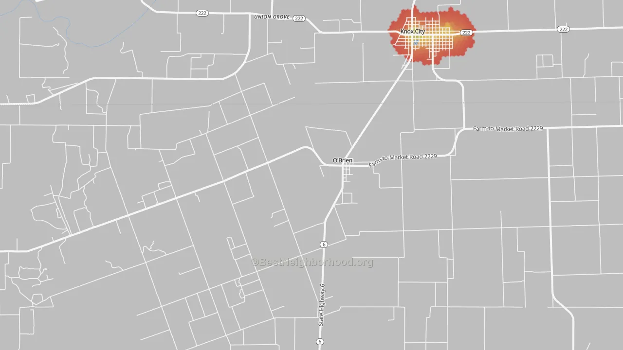 Walk Grade map of 79539, TX, walkable areas in green and car-dependent areas in red