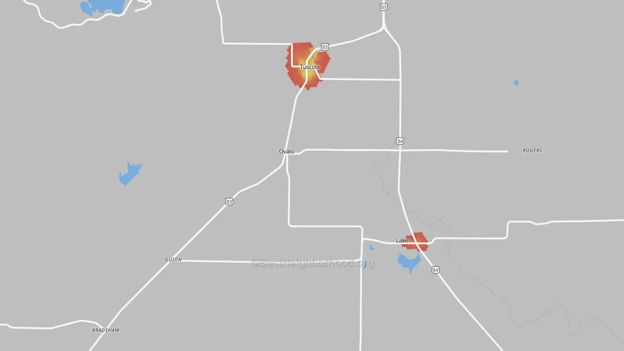 Walk Grade map of 79541, TX, walkable areas in green and car-dependent areas in red