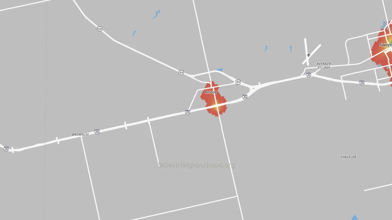 Walk Grade map of 79545, TX, walkable areas in green and car-dependent areas in red