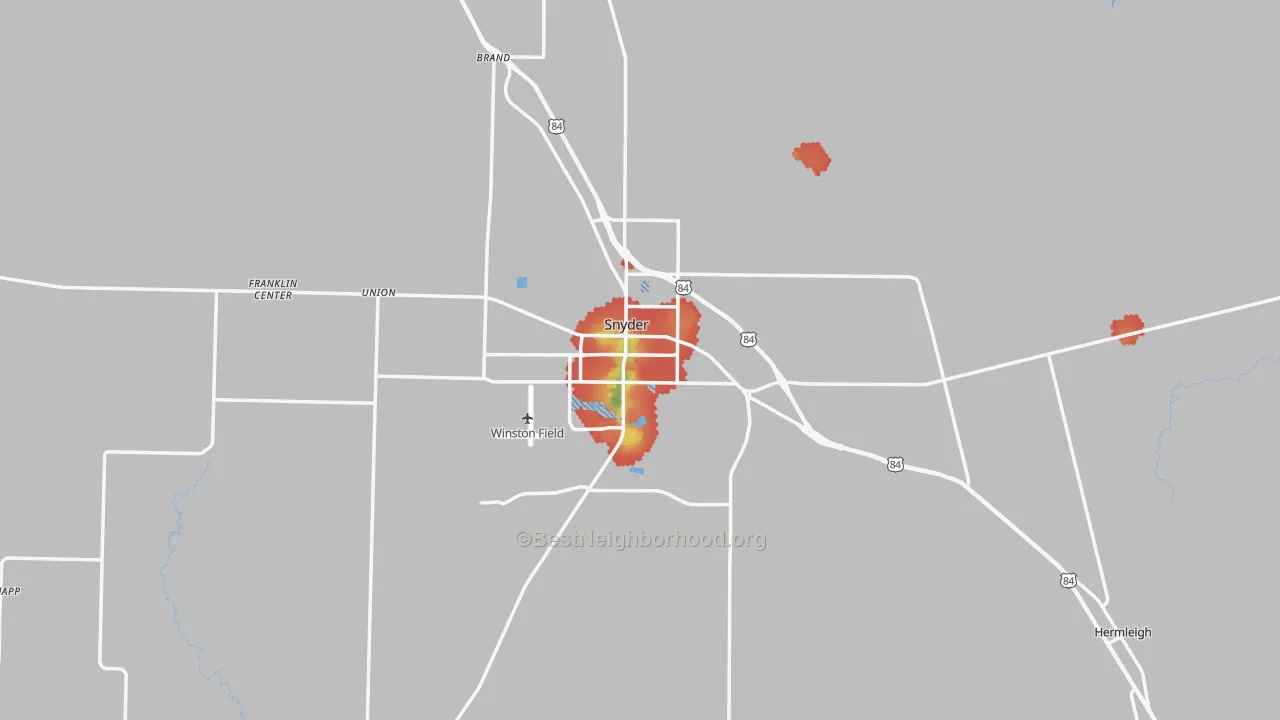 Walk Grade map of 79549, TX, walkable areas in green and car-dependent areas in red