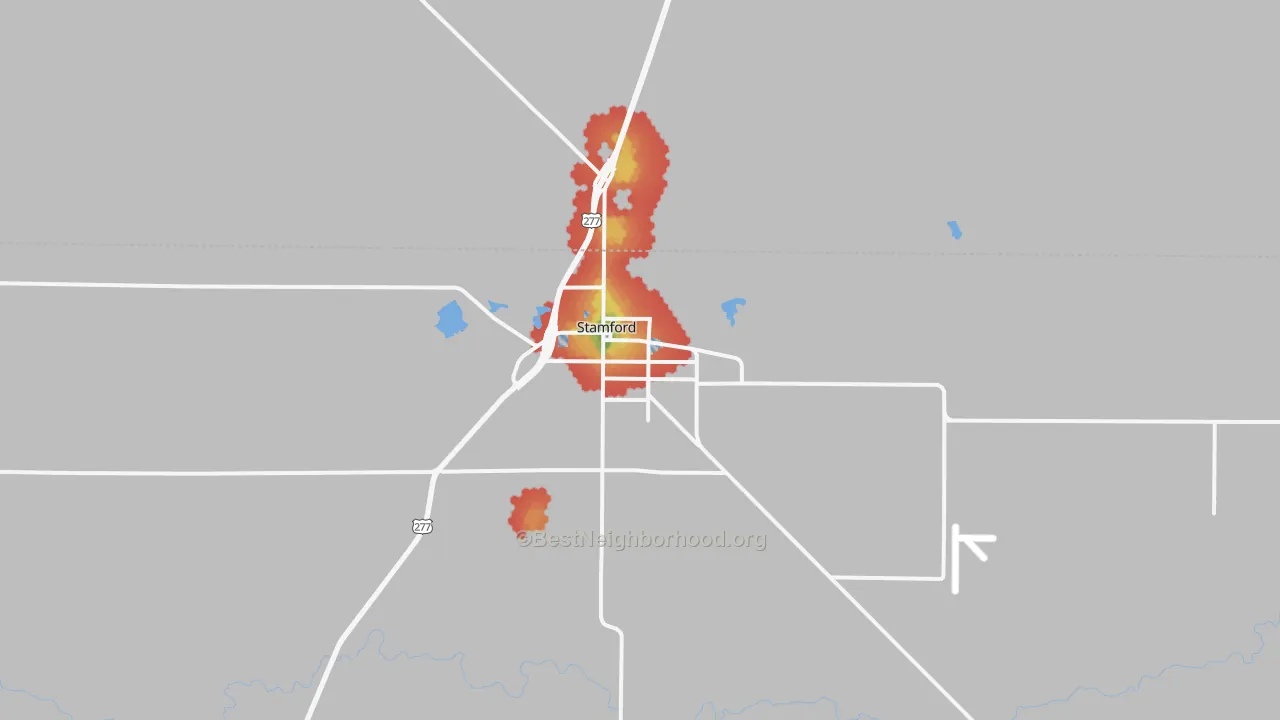 Walk Grade map of 79553, TX, walkable areas in green and car-dependent areas in red