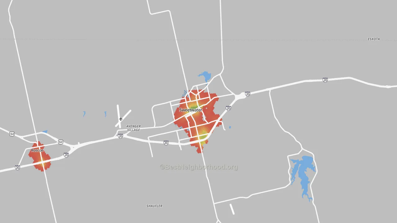 Walk Grade map of 79556, TX, walkable areas in green and car-dependent areas in red
