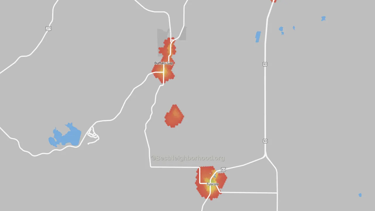 Walk Grade map of 79562, TX, walkable areas in green and car-dependent areas in red