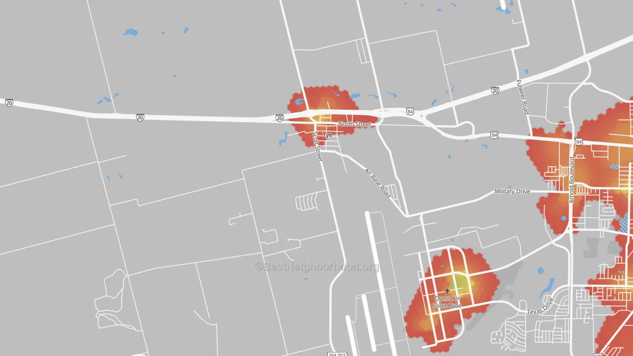 Walk Grade map of 79563, TX, walkable areas in green and car-dependent areas in red