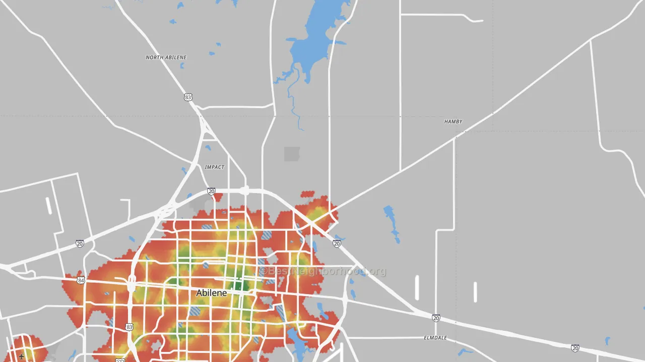 Walk Grade map of 79601, TX, walkable areas in green and car-dependent areas in red