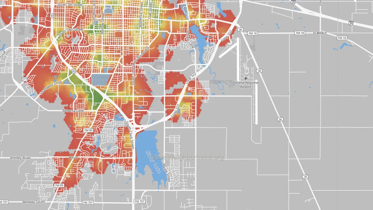Walk Grade map of 79602, TX, walkable areas in green and car-dependent areas in red