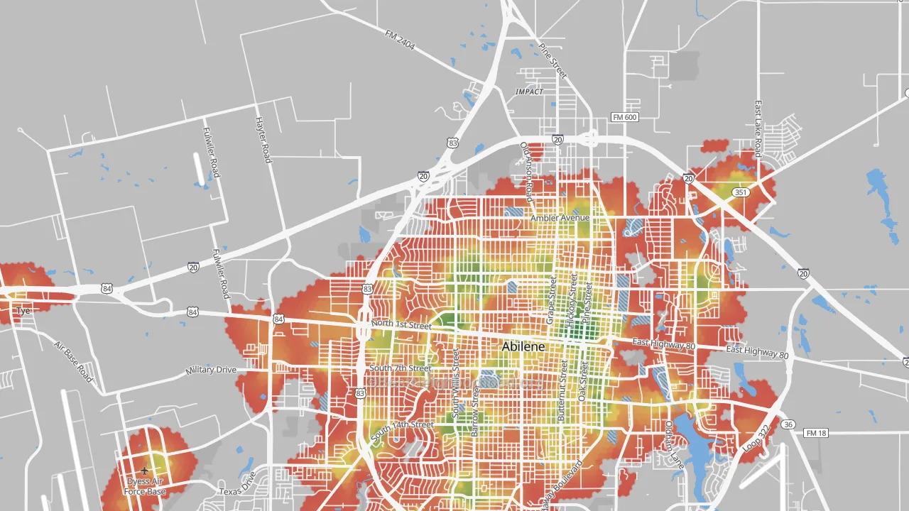 Walk Grade map of 79603, TX, walkable areas in green and car-dependent areas in red