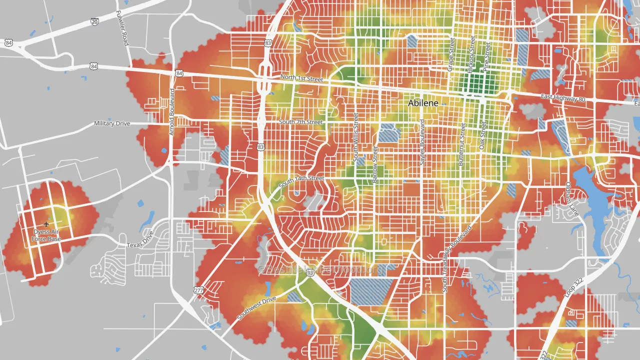 Walk Grade map of 79605, TX, walkable areas in green and car-dependent areas in red