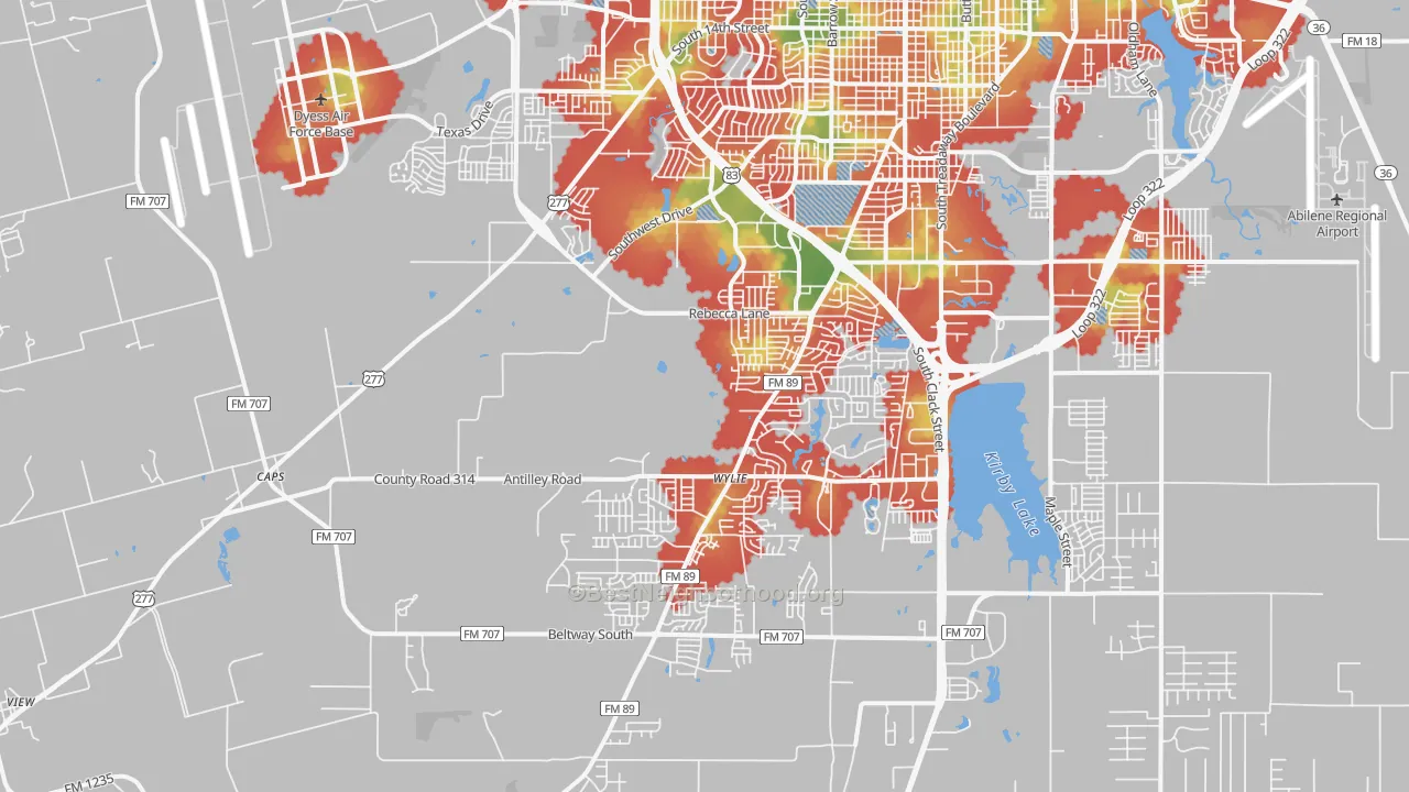 Walk Grade map of 79606, TX, walkable areas in green and car-dependent areas in red