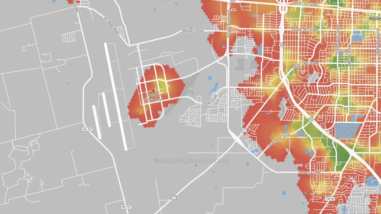 Walk Grade map of 79607, TX, walkable areas in green and car-dependent areas in red