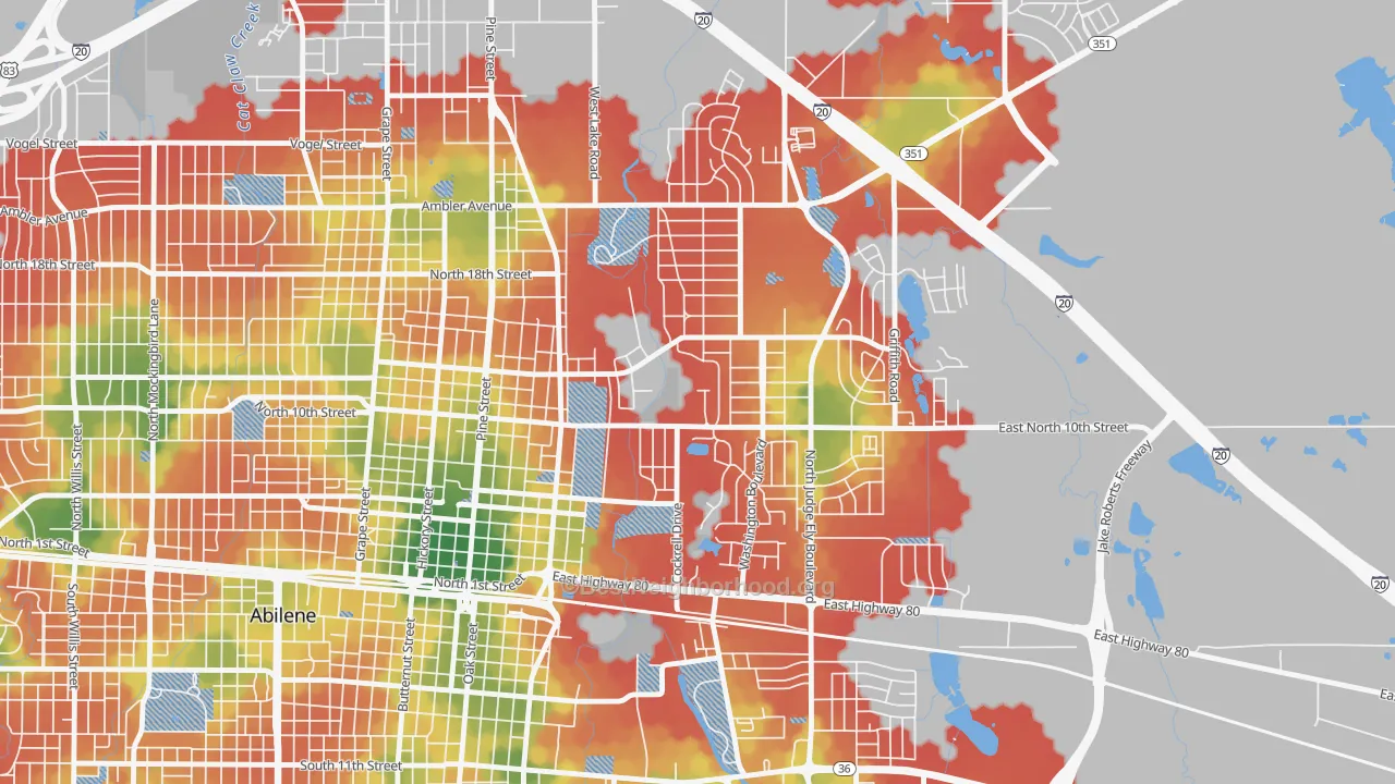 Walk Grade map of 79699, TX, walkable areas in green and car-dependent areas in red