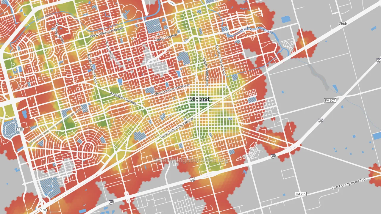Walk Grade map of 79701, TX, walkable areas in green and car-dependent areas in red