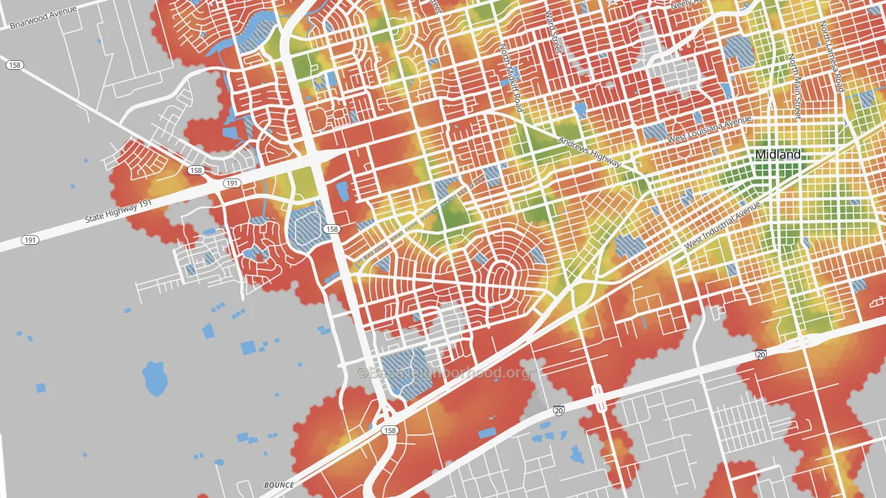 Walk Grade map of 79703, TX, walkable areas in green and car-dependent areas in red
