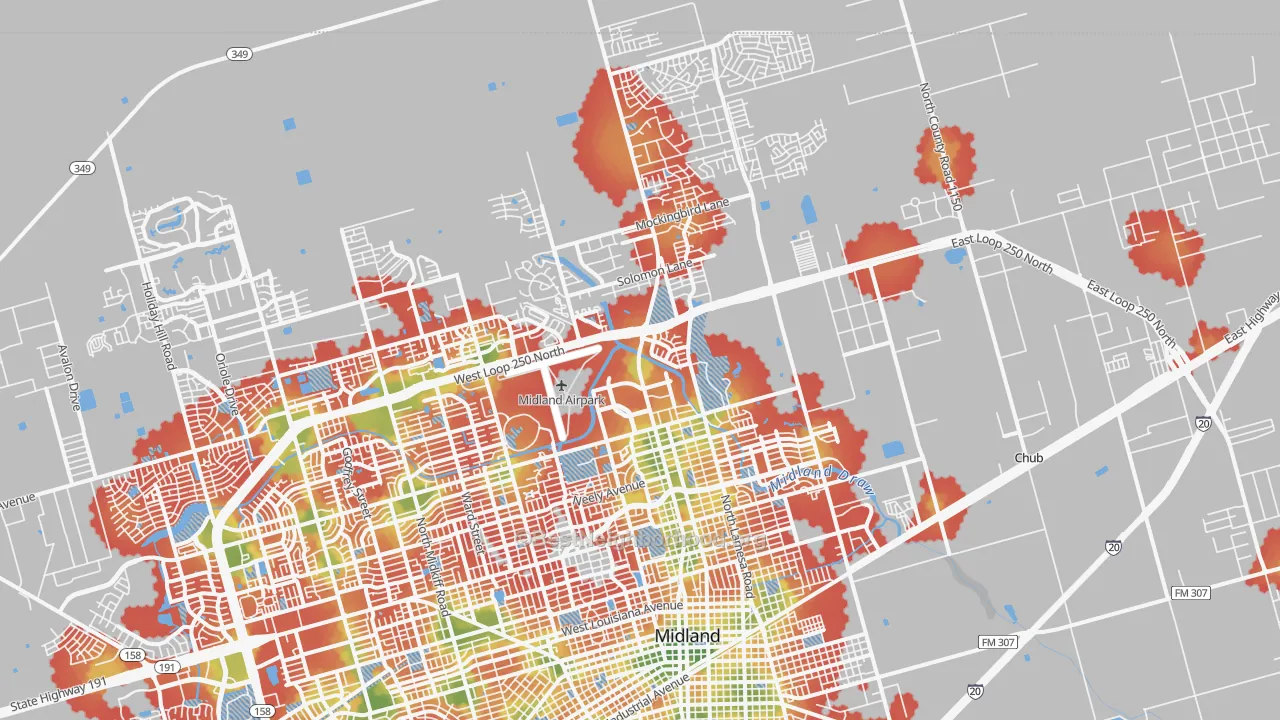 Walk Grade map of 79705, TX, walkable areas in green and car-dependent areas in red