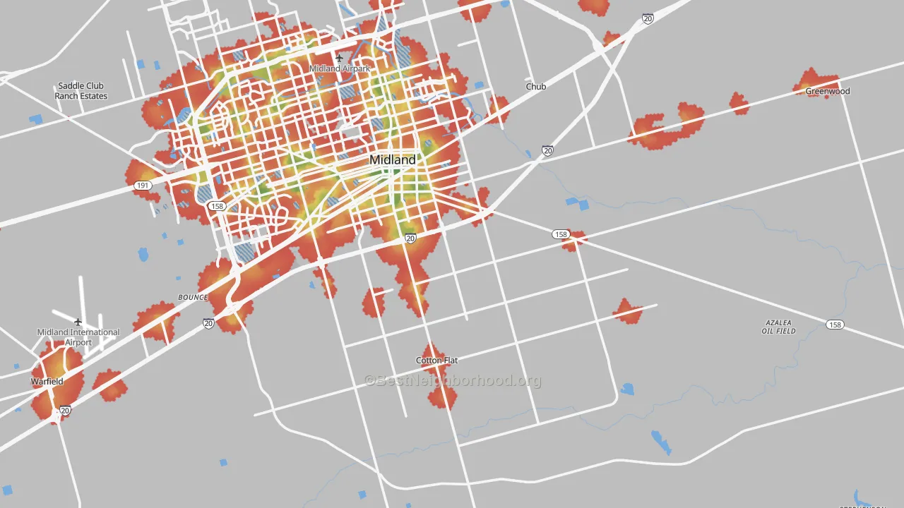 Walk Grade map of 79706, TX, walkable areas in green and car-dependent areas in red