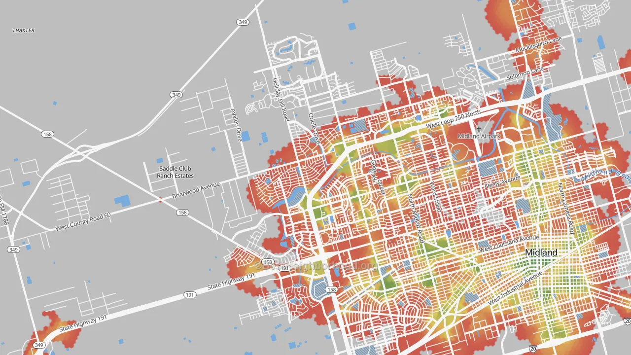 Walk Grade map of 79707, TX, walkable areas in green and car-dependent areas in red