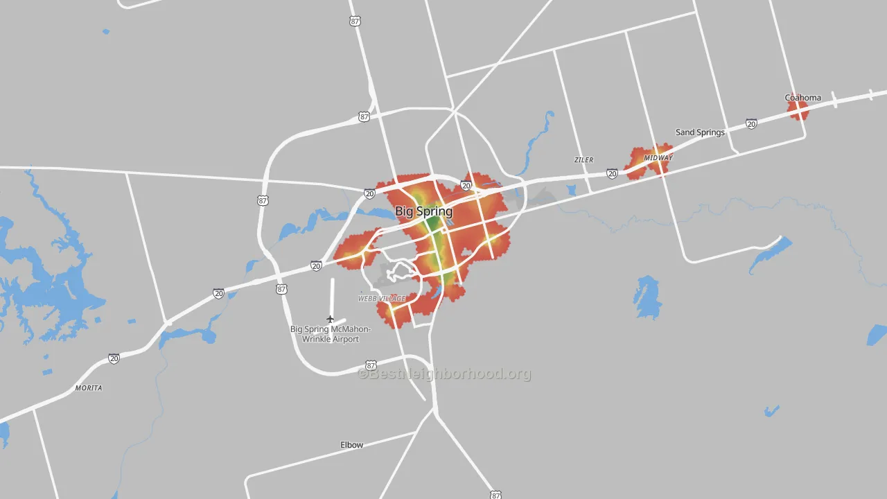 Walk Grade map of 79720, TX, walkable areas in green and car-dependent areas in red