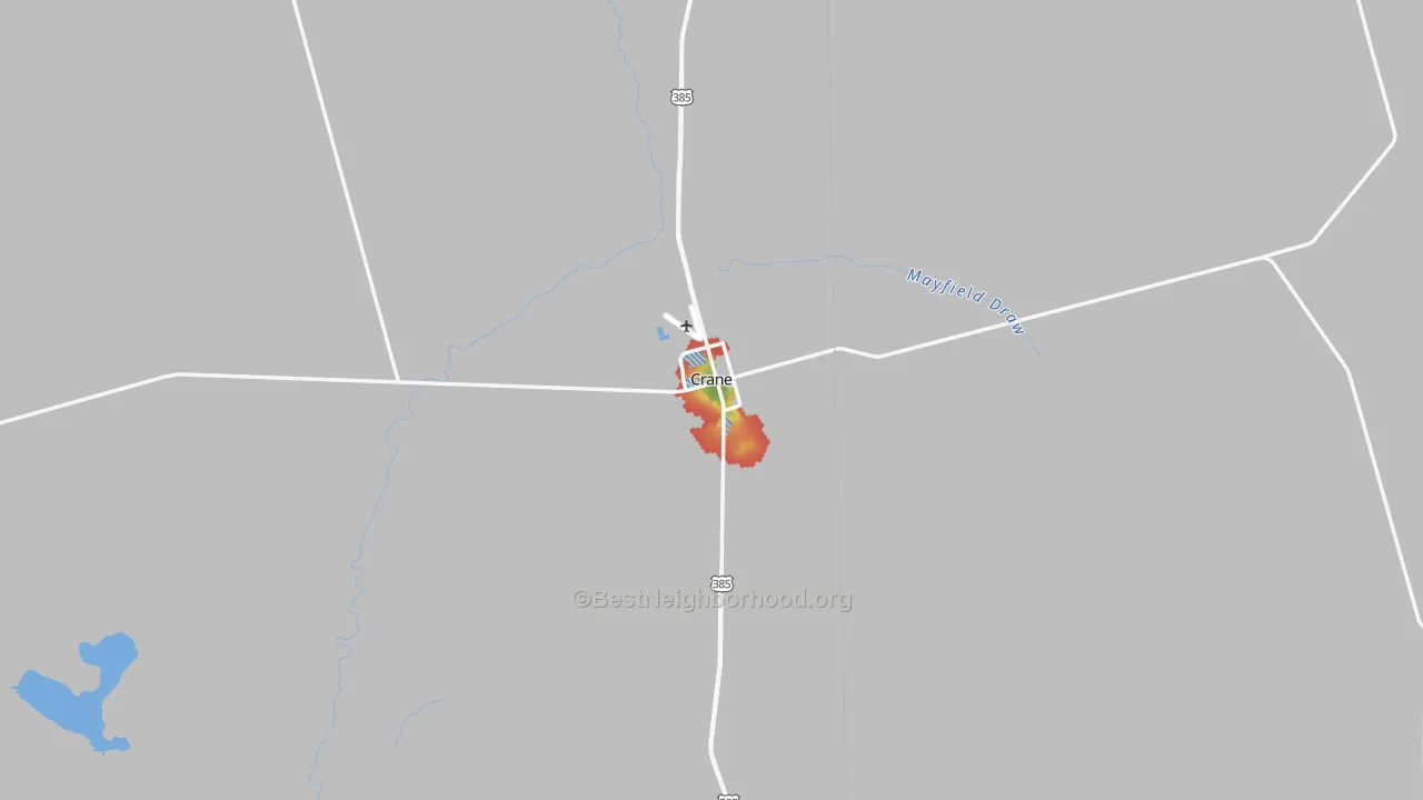 Walk Grade map of 79731, TX, walkable areas in green and car-dependent areas in red
