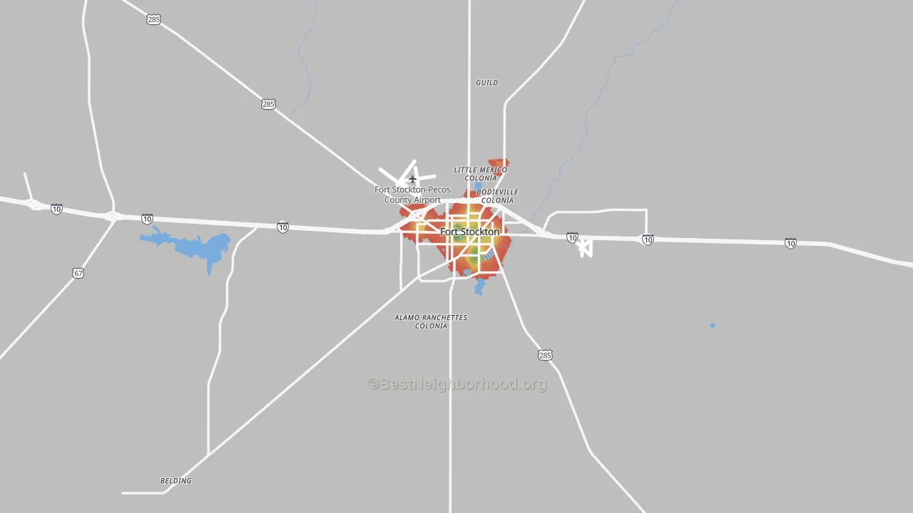 Walk Grade map of 79735, TX, walkable areas in green and car-dependent areas in red