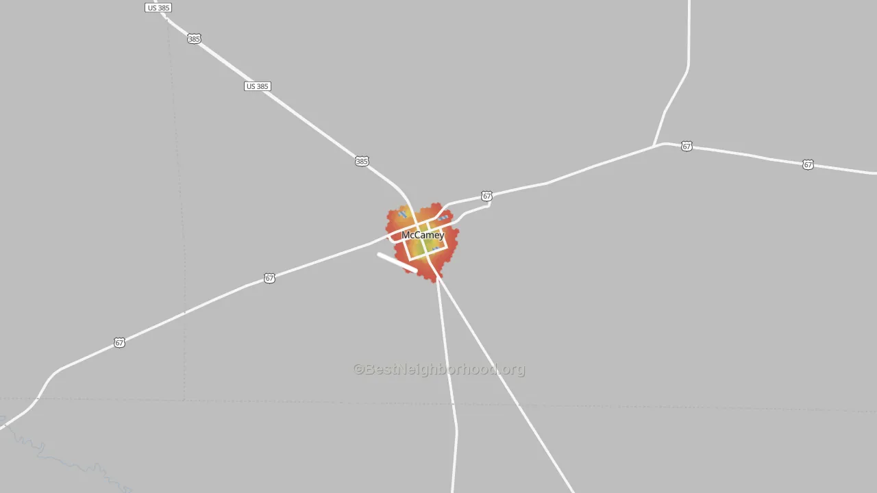 Walk Grade map of 79752, TX, walkable areas in green and car-dependent areas in red