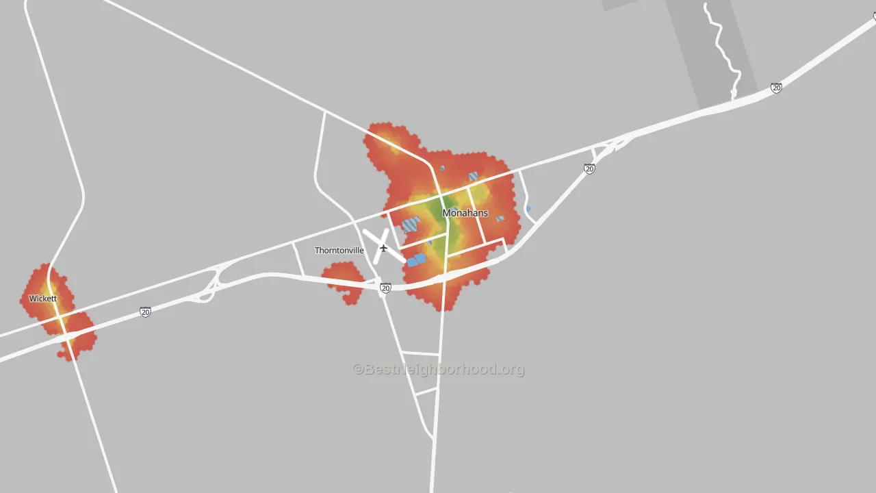 Walk Grade map of 79756, TX, walkable areas in green and car-dependent areas in red