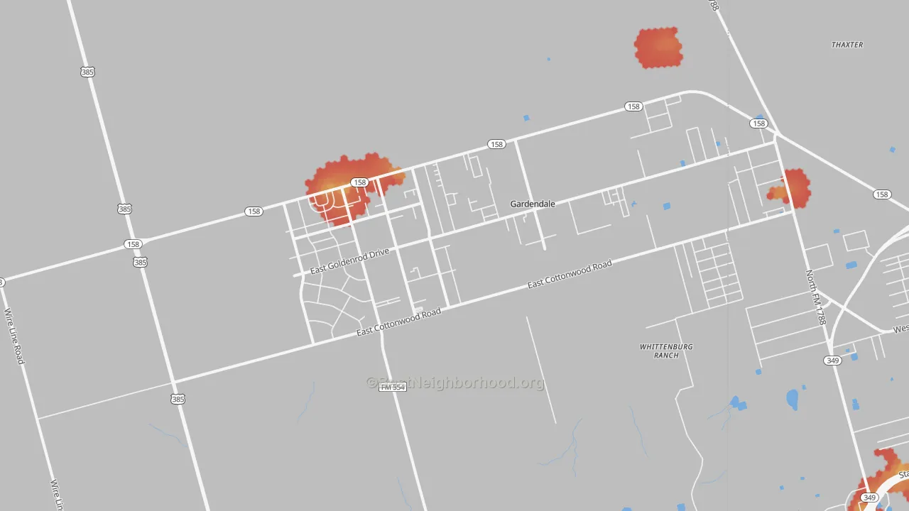 Walk Grade map of 79758, TX, walkable areas in green and car-dependent areas in red