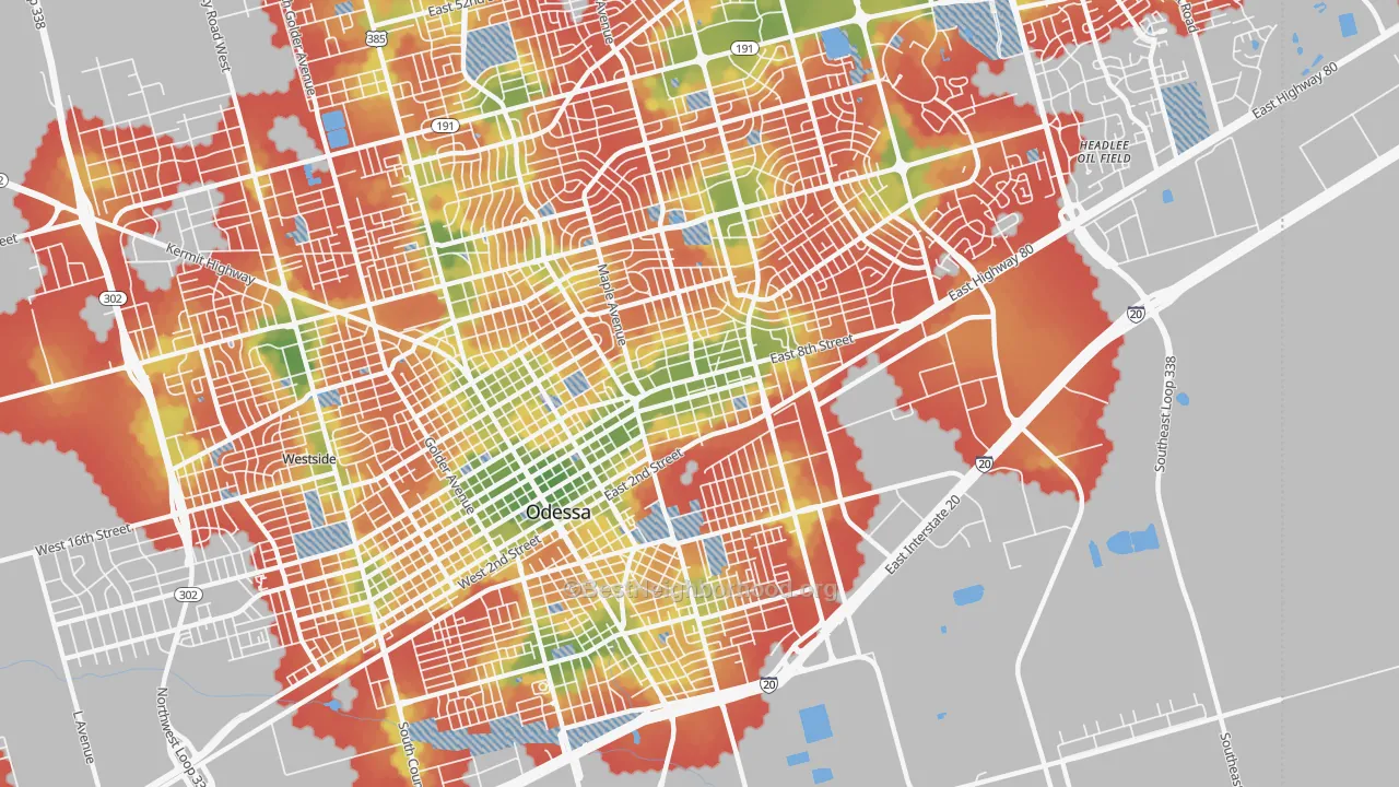 Walk Grade map of 79761, TX, walkable areas in green and car-dependent areas in red